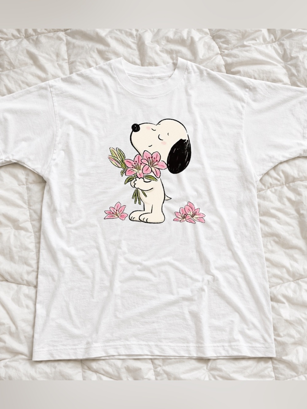 Vintage Peanuts Snoopy White Tee with Pink Floral Bouquet